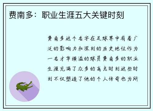 费南多:职业生涯五大关键时刻 费南多:职业生涯五大关键时刻