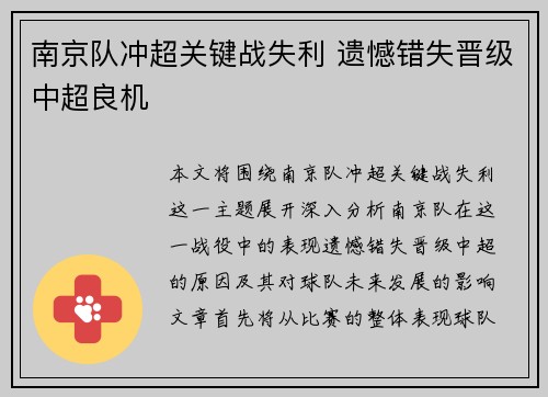 南京队冲超关键战失利 遗憾错失晋级中超良机 南京队冲超关键战失利 遗憾错失晋级中超良机